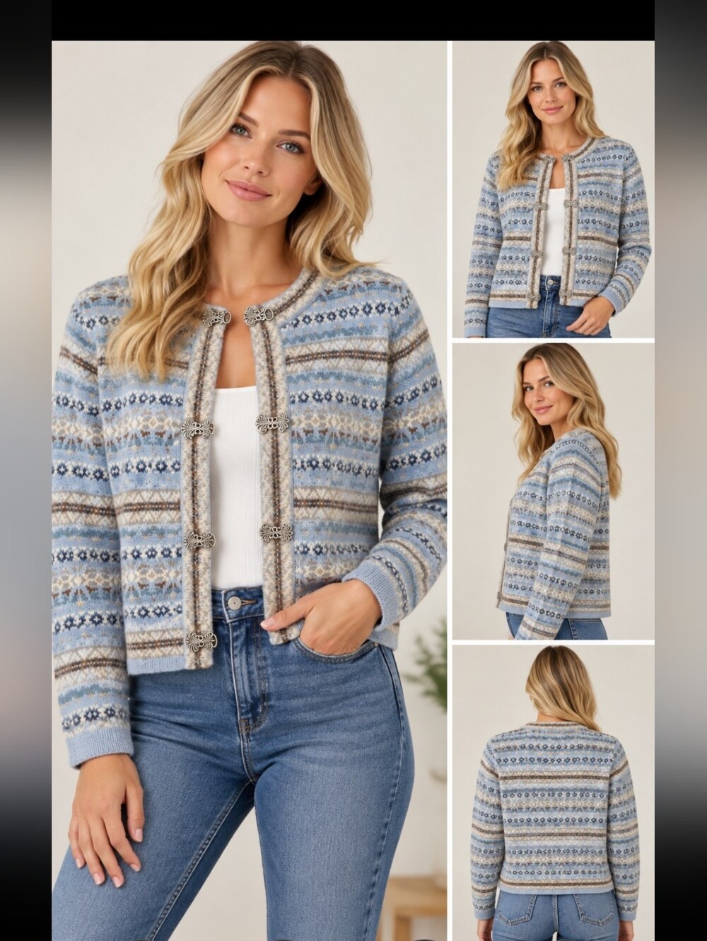 Vintage SKYR 100% Lambswool Cardigan L Blue Fair Isle Nordic Pattern Australia